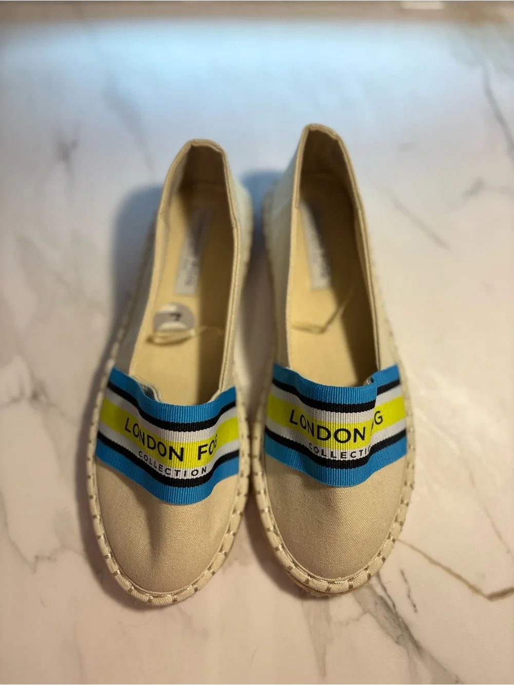 London Fog Cream Espadrille Slip-Ons with Blue and Yellow Stripes